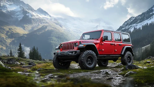 Red off-road SUV dominates rugged alpine mountain trail.