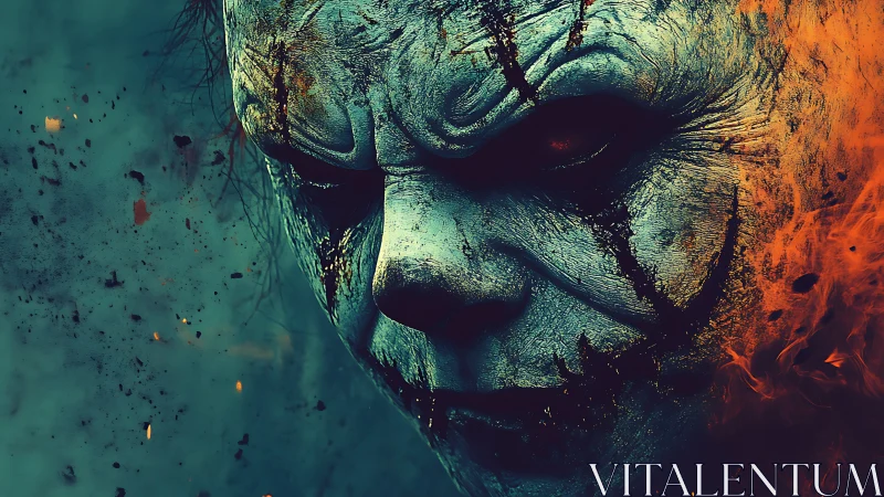 Infernal clown visage emerging from teal smoke and flame.