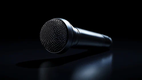 Studio microphone in dramatic low key spotlight on black stage.