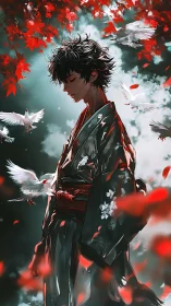 Softly standing samurai finds quiet grace among red leaves