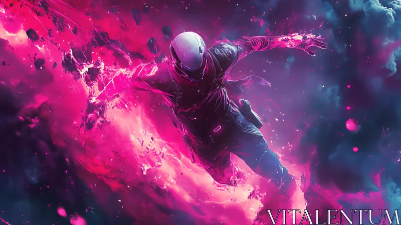 Neon space runner leaping through glowing cosmic storm.