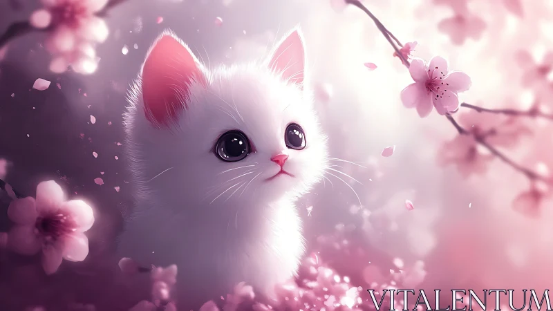White Cat Surrounded by Pink Cherry Blossoms.
