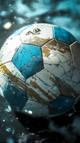 Weathered teal soccer ball suspended in dramatic splash lighting.