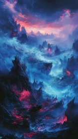 Volcanic nebula chasm under bioluminescent stormfront sky.