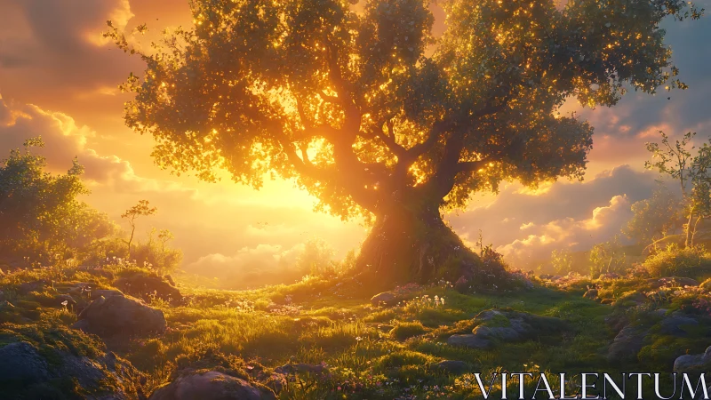 Solitary broad tree in backlit meadow at low sun angle.