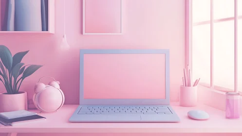 Pastel laptop quietly conducts a symphony of soft pink light