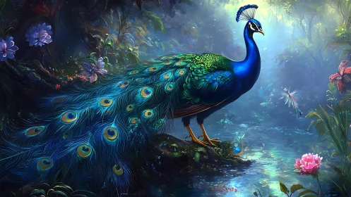 Peacock stands on forest stream bank in dense stylized foliage