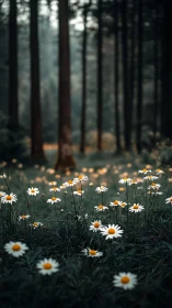 Daisies in Soft Focus Forest Clearing.
