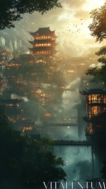 Sunlit cliffside pagoda city emerging from mountain mist.
