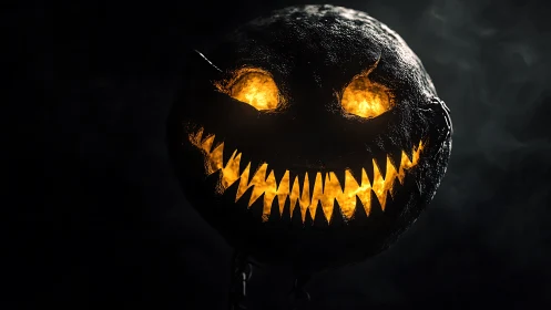 Glowing jack o lantern sphere with sharp teeth in darkness.