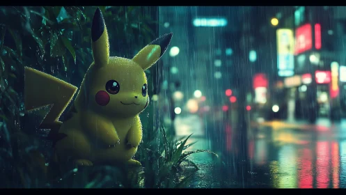 Pikachu in neon city rain with cinematic depth of field.