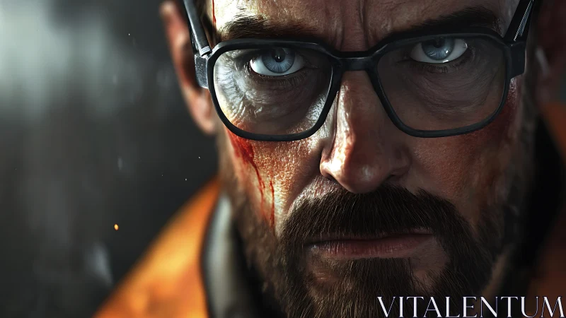 Storm-lit scientist locks his stare on unseen catastrophe