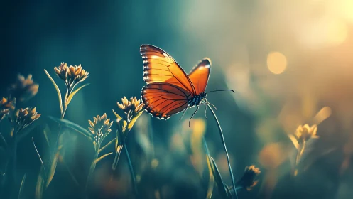 Gentle orange butterfly resting in dreamy golden light.
