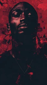Red-black expressive portrait with high-contrast shadows.