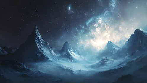 Frozen alien valley under bright galactic night sky.