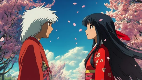 Anime romance under cherry blossoms in balanced profile composition.