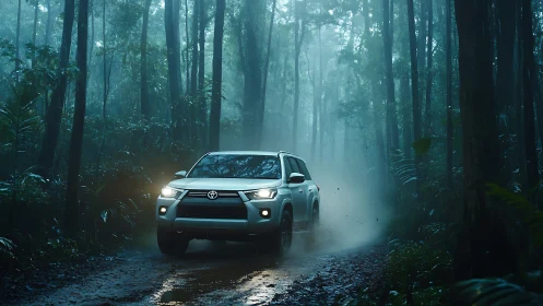 White SUV powers through misty rainforest trail at dusk.