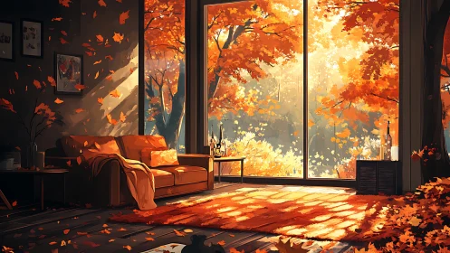 Golden autumn light gently fills a cozy forest-view room