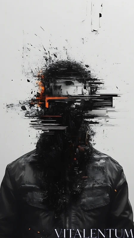 Fragmented figure dissolving into glitch and ash strokes.