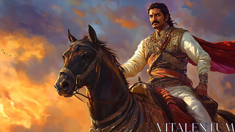 Warrior prince on horse against blazing sunset sky.