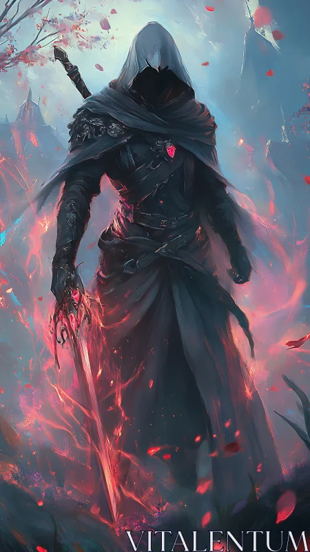 Hooded dark mage strides through crimson embers of magic.