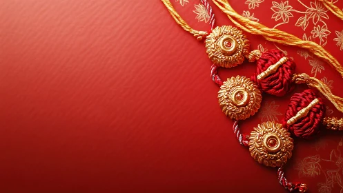 Golden festive rakhis resting on rich red silk warmth.