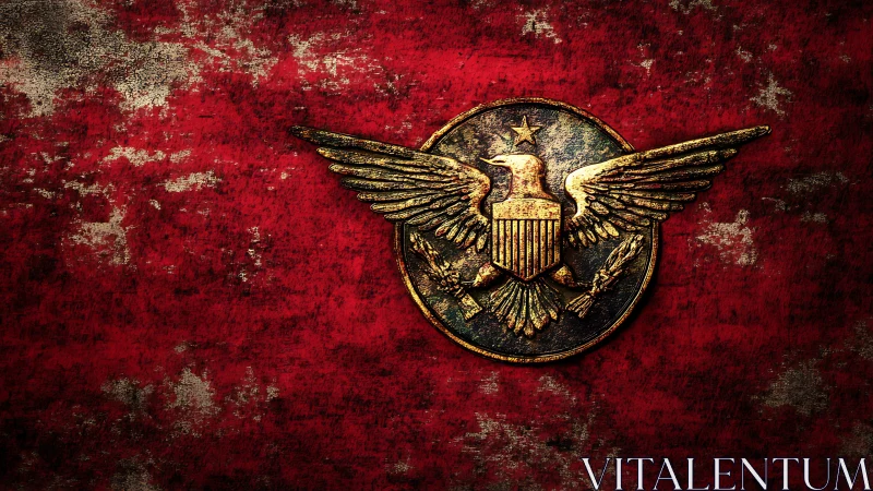 Weathered golden eagle emblem on distressed red metal