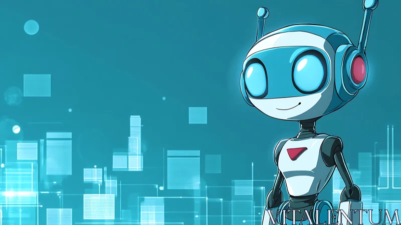 Smiling teal robot against holographic data grid background.