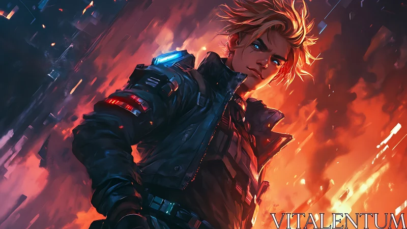 Cybernetic street operative amid kinetic neon firestorm