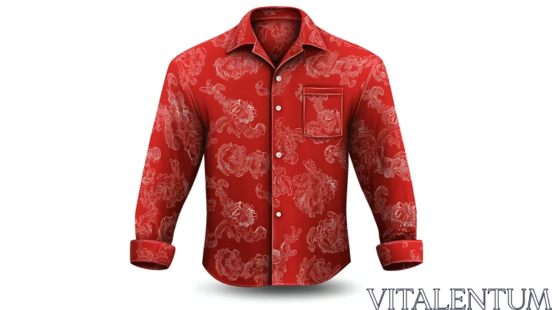 Red Patterned Button-Up Shirt with Ornamental Floral Design
