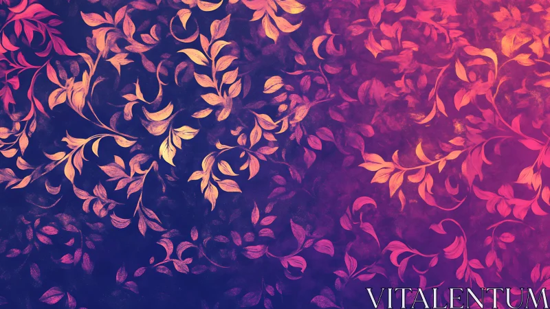 Floral leaf pattern on purple and pink gradient background.