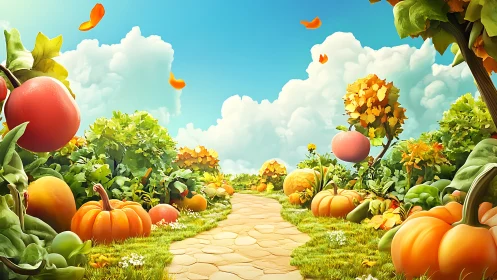 Stone path passes through stylized pumpkin and fruit garden