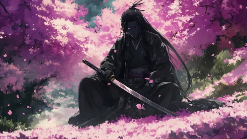 Dark samurai sits beneath dense pink cherry blossoms