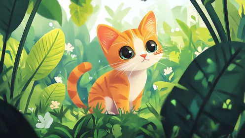 Orange and White Cat in Dense Green Botanical Environment