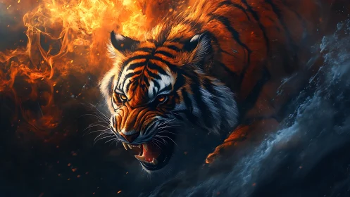 Fire-kissed tiger lunges through storm-dark waves in fury