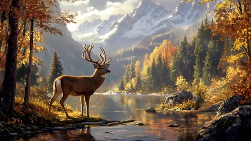 Gentle stag pausing by a golden autumn mountain river.
