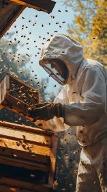Beekeeper tends busy hive under warm golden morning light