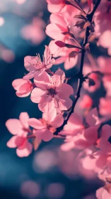 Pink Cherry Blossoms on Branch Against Blue Background