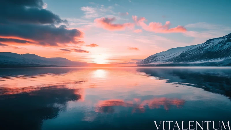 Calm arctic fjord sunset with pink cloud reflections.