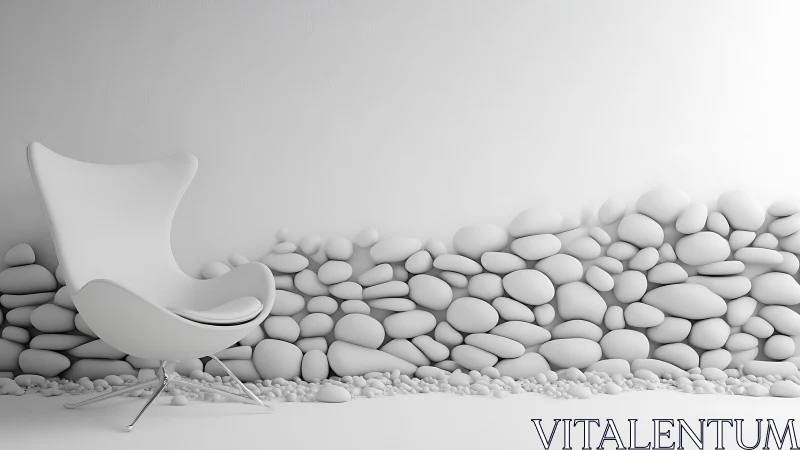 Minimalist White Chair Among Organic Pebbles and Sand Textures.