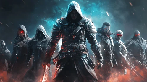 Hooded warrior squad advances through fire and blue smoke