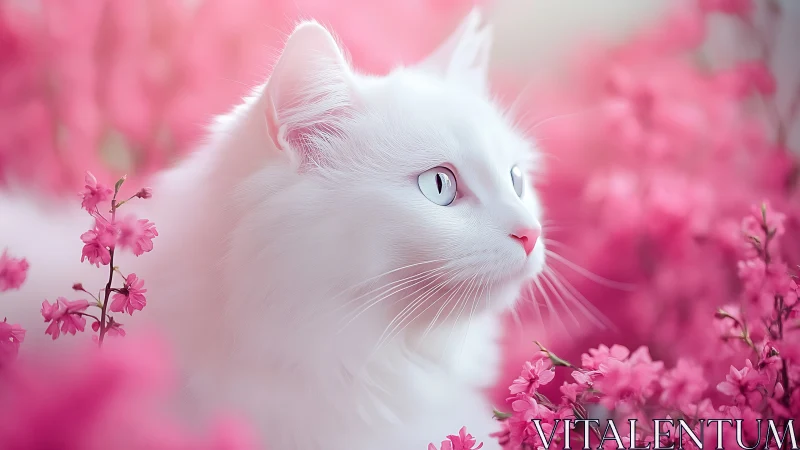 White Cat Among Pink Flowers in Soft Focus Composition.