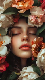 Hyperreal floral portrait isolates serene female face in soft focus