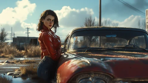 Woman in red jacket leans on rusted classic car at dusk