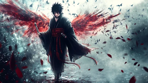 Dark swordsman strides with burning crimson wings amid storm