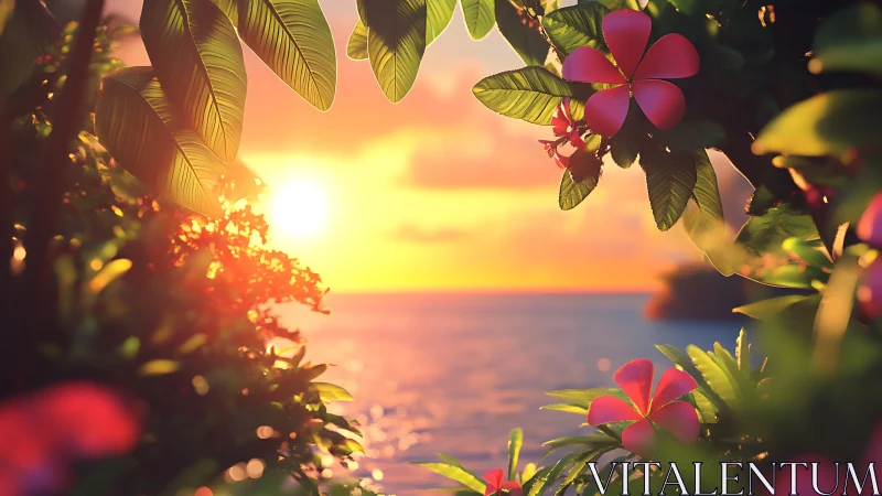 Tropical shoreline sunset framed by foliage and flowers.