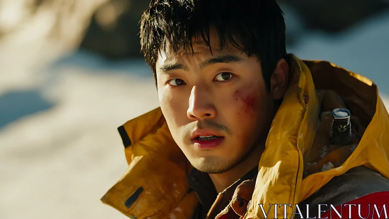 Snowbound climber glances back with scraped, anxious face.