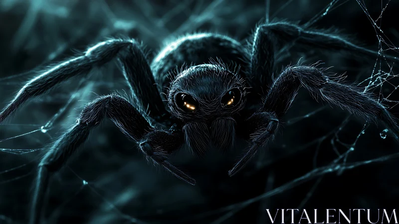 Mysterious spider rests in moonlit web with glowing eyes