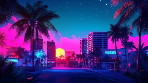 Neon sunset over palm-lined city street with tall towers