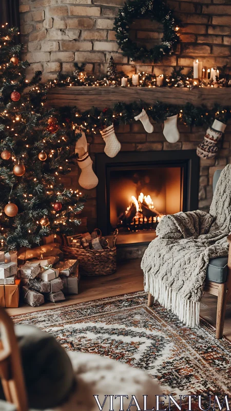 Cozy holiday hearth glows beside a warmly lit Christmas tree